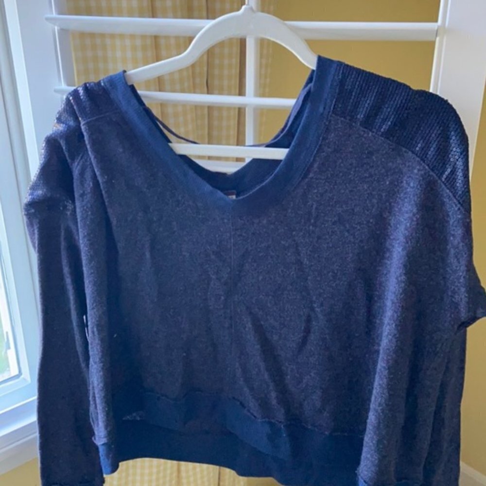 Free People Casual Sequin Shoulder Sweater | Navy Blue | XS